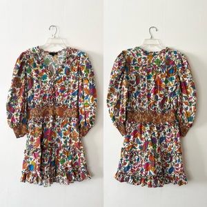 House Of Harlow V-neck Puff Sleeve Smocked Tiered Colorful Ruffle Paisley Floral